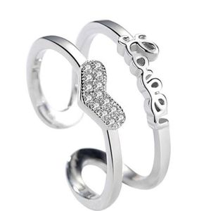New Silver double ring with heart & Love